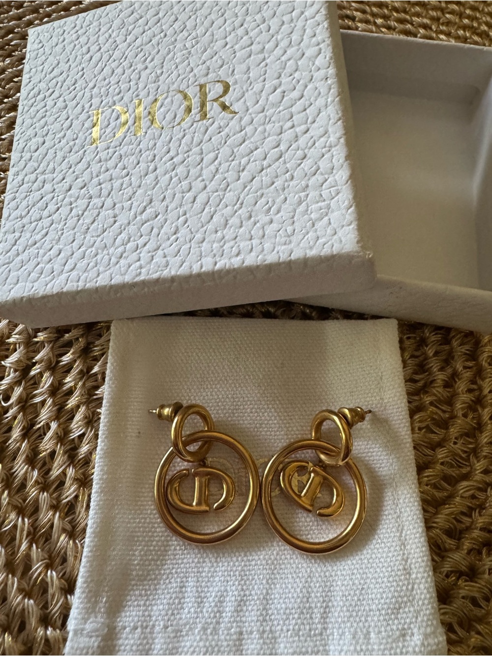 Dior Authentic Gold Tone Interlocking CD Drop Earrings $595 Receipt Included